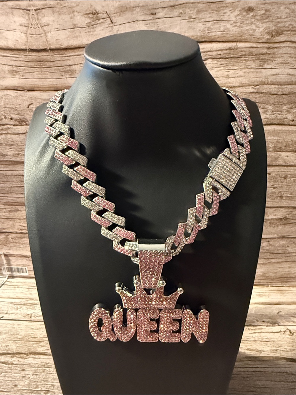 Iced Out Pink and Silver Pavé Cuban Link Necklace & Queen Pendant Two-Tone Chain